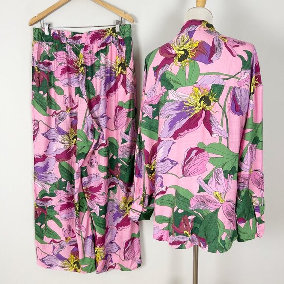 Express 2 Piece Matching Set Pink Floral Shirt & Pants Tropical Size Large Women - Picture 6 of 7